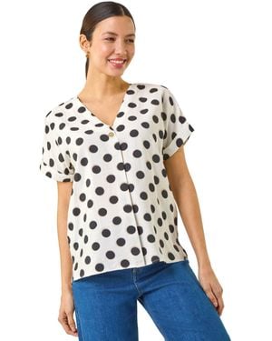 Roman Spotted Pleat Front V-Neck Top - White