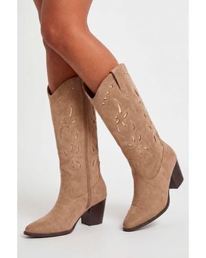 Boohoo Faux Suede Cut Out Detail Embroidered Western Cowboy Boots - Natural