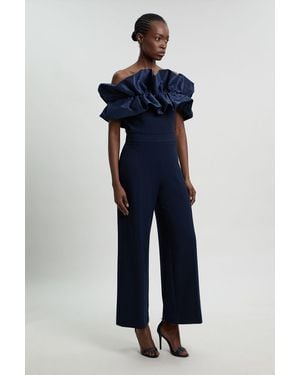Karen Millen Tafetta Ruffle Bardot Jumpsuit - Blue