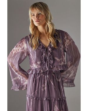 Warehouse Metallic Chiffon Ruffle Tie Front Flared Sleeve Blouse - Purple
