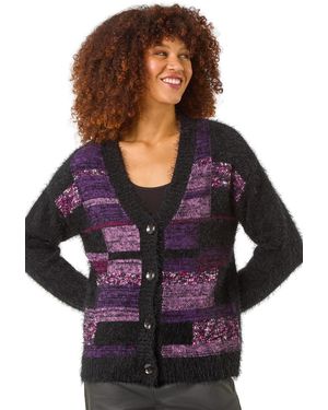 Roman Colour Block Fluffy Knit Cardigan - Purple