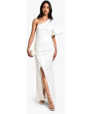 Boohoo Puff One Shoulder Side Split Maxi Dress - White