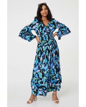 Izabel London Printed Ruffle Hem Empire Maxi Dress - Blue
