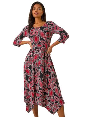 Roman Leaf Print Hanky Hem Stretch Midi Dress - Red