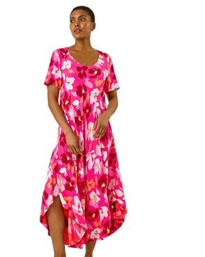 Roman Floral Print Asymmetric Hem T-Shirt Dress - Red