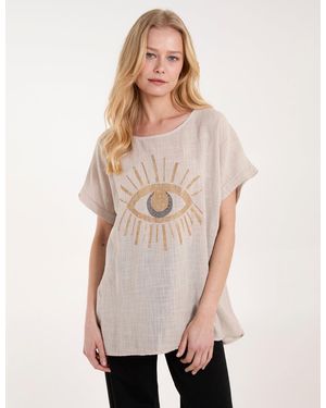 Blue Vanilla Eye Diamante Cotton T-Shirt - Natural