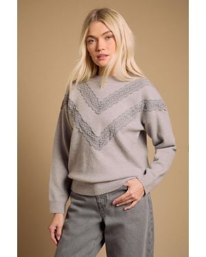 Oasis Lace Trim Crew Neck Jumper - Grey