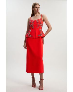 Karen Millen Crystal Embellished Peplum Bandeau Pencil Midi Dress - Red