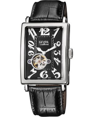 Gevril Avenue Of Americas Intravedere Dial Calfskin Leather Watch - Black