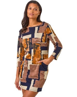 Roman Geometric Print Pocket Shift Dress - Orange