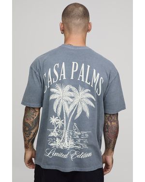 BoohooMAN Washed Oversized Casa Palms Print T-Shirt - Blue