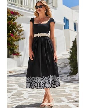 Sosandar Embroidered Hem Square Neckline Midi Dress Cotton - Black