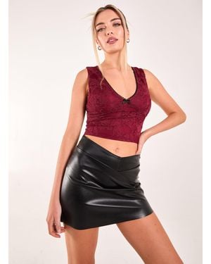 Pink Vanilla V Neck Lace Crop Top - Red