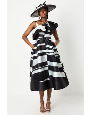 Coast Lisa Tan Geo Stripe Monochrome Ruffle Shoulder Midi Dress - White