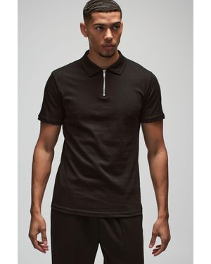 BoohooMAN Slim Zip Neck Polo - Black