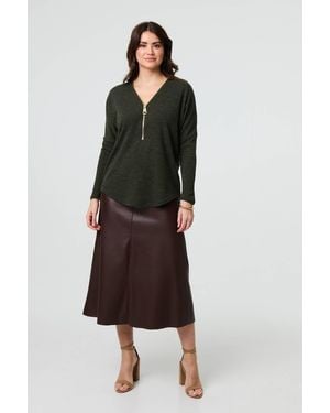 Izabel London Zip Front V-Neck Relaxed 3/4 Sleeve Top - Green