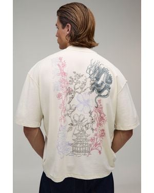 BoohooMAN Oversized Boxy Dragon Print Exposed Seams T-Shirt Cotton - Natural