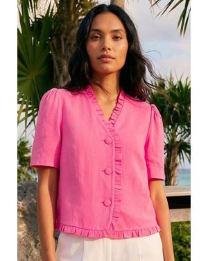 Roman Frill Linen Blend Button Jacket - Pink