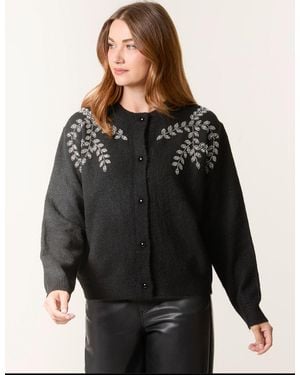 Blue Vanilla Diamante Detailed Leaf Branch Cardigan - Black