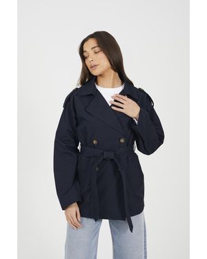 Brave Soul Double Breasted Short Mac With Self Tie Belt - Blue