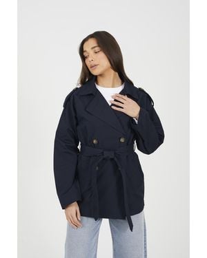 Brave Soul Double Breasted Short Mac With Self Tie Belt - Blue