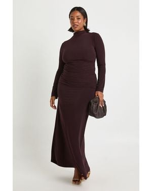 Boohoo Plus Ruched Long Sleeve Top And Column Skirt - Brown