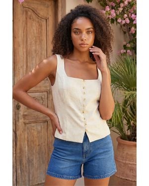 Roman Linen Blend Button Top - Blue