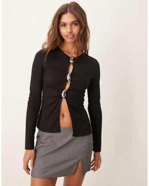 ASOS Rib Long Sleeve Top With Buttons - Black