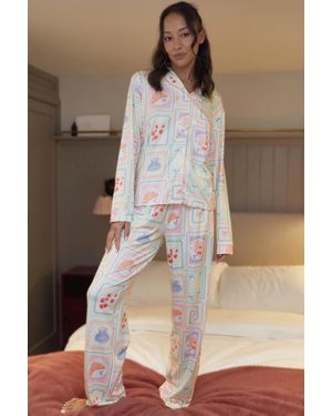 Threadbare Printed Long Button-Through Pyjama Set - Brown