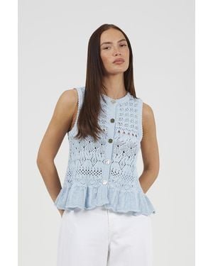 Brave Soul Pointelle Knit Waistcoat With Frill Hem - Blue
