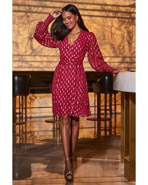 Sosandar Raspberry & Metallic Spot Print Belted Wrap Dress - Brown