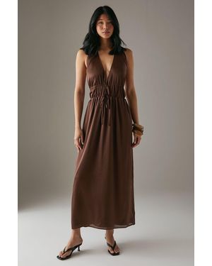 Warehouse Crinkle Satin Halter Drawstring Waist Bias Midi Dress - Brown