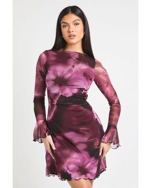 Boohoo Tall Floral A Line Mesh Mini Dress - Red