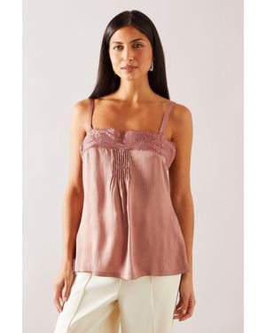 Wallis Crinkle Satin Lace Trim Strappy Top - Pink