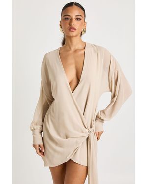 Boohoo Long Sleeve Wrap Mini Dress - Natural