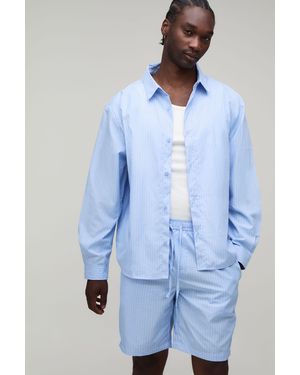 BoohooMAN Tall Stripe Oversized Boxy Shirt & Baggy Short Set - Blue