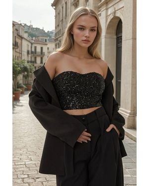 Hiccup Heart Collar Sequin Crop Top - Black