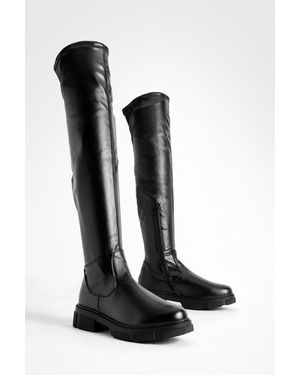 Boohoo Wide Fit Stretch Pu Knee High Boots - Black