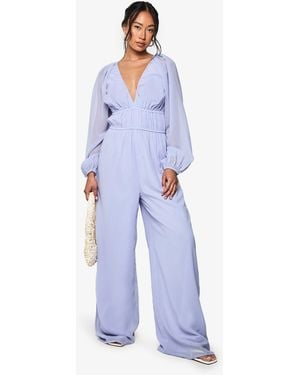 Boohoo Chiffon V Neck Ruched Wide Leg Jumpsuit - Blue