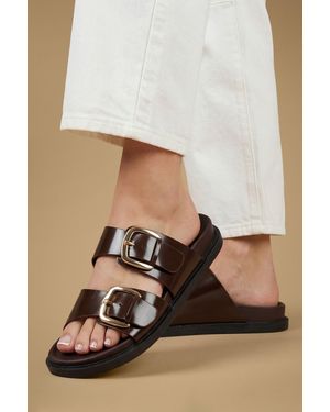 Oasis Mary Faux High Shine Leather Chunky Buckle Footbed Sliders - Brown