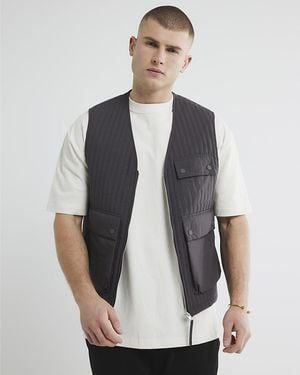 River Island Quilted Gillet Multi Pocket Nylon - Grey