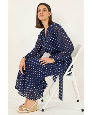 Roman Spot Print Pleated Midi Dress - Blue
