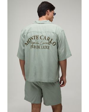 BoohooMAN Linen Embroidered Monte Carlo Oversized Boxy Shirt & Relaxed Shorts Set - Green