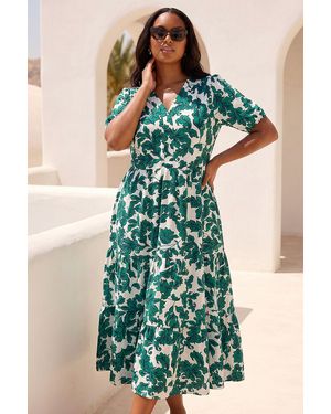 Roman Curve Floral Print Dress - Green