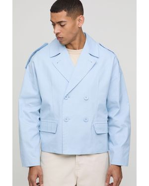 BoohooMAN Oversized Boxy Double Breasted Twill Raincoat Jacket - Blue