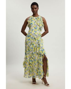 Karen Millen Petite Crinkle Georgette Ruffle Detail Halter Neck Woven Maxi Dress - Green