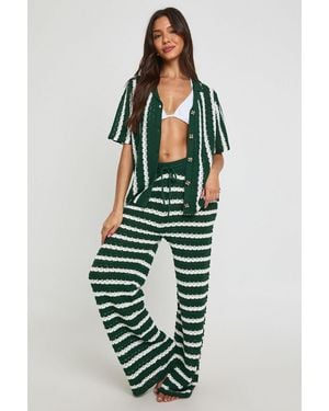 Boohoo Chunky Stripe Crochet Oversized Shirt And Trouser Co-Ord - Green