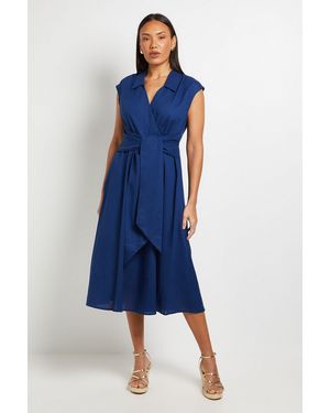 Wallis Linen Blend Belted Midi Dress - Blue