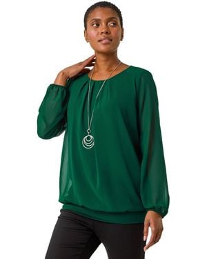 Roman Chiffon Banded Hem Pleated Top - Green