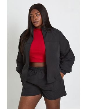 Boohoo Plus Funnel Zip Up Nylon Track Jacket Short Set - Red